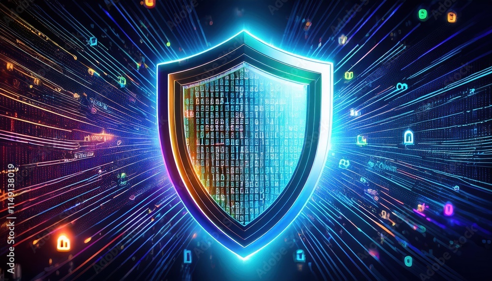 Poster digital shield illustration glowing with vibrant colors, surrounded by data symbols and binary code,