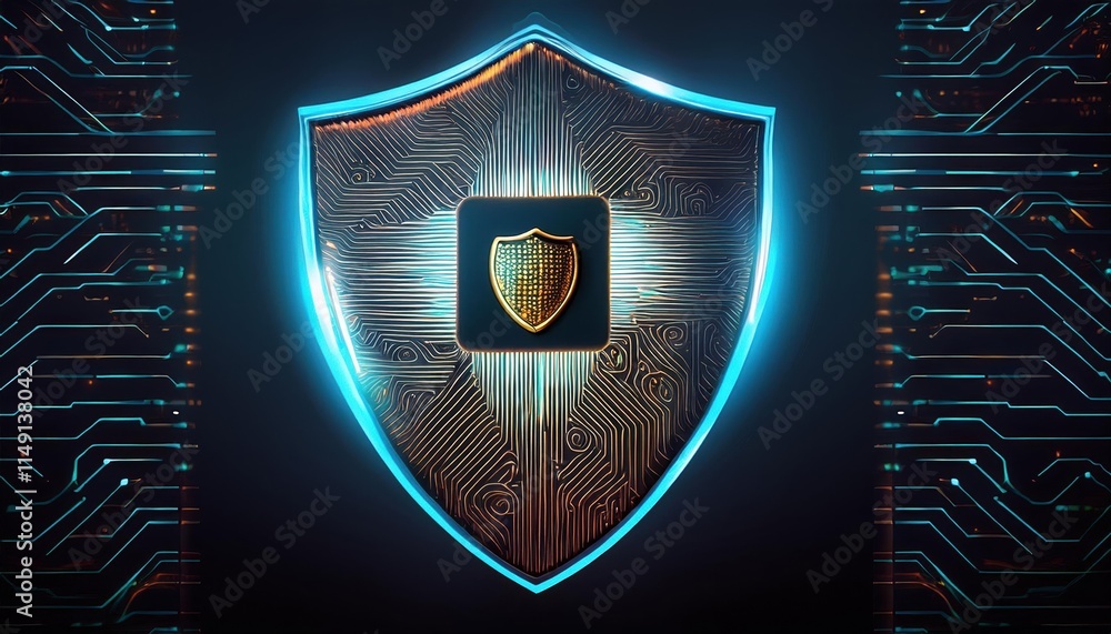Poster conceptual image of glowing shield featuring circuit patterns and ai neural pathways, symbolizing pr