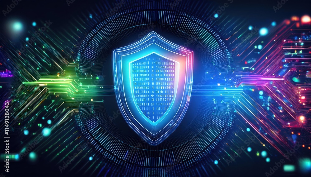 Poster digital shield illustration glowing with vibrant colors, symbolizing cybersecurity and protection in
