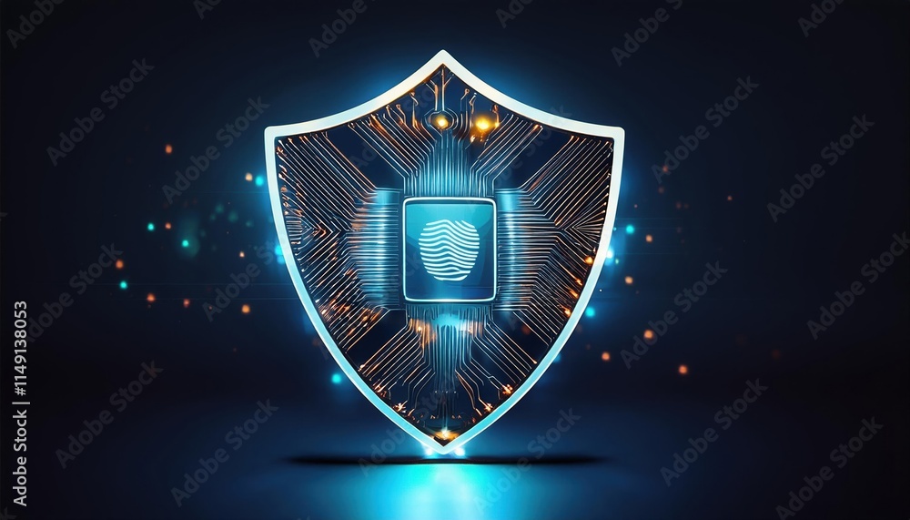 Poster conceptual image of glowing shield featuring circuit patterns and ai neural pathways, symbolizing di