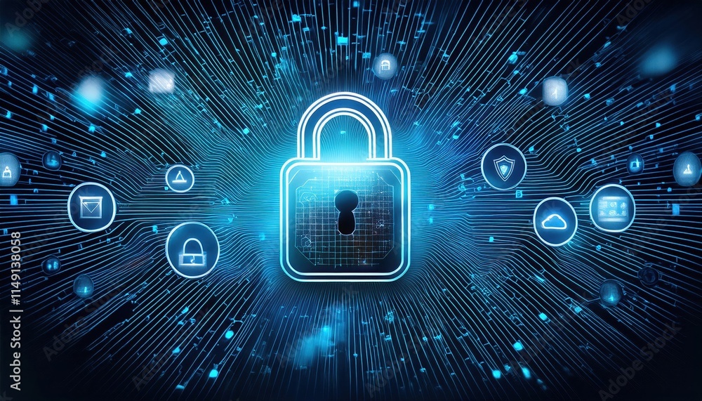 Poster glowing padlock surrounded by digital icons and data streams, symbolizing security and technology. i