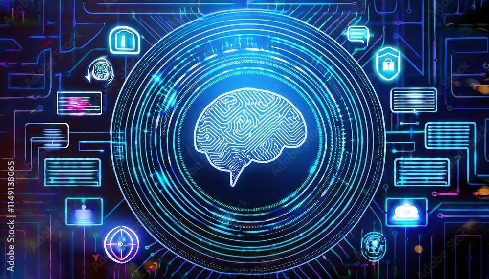 Poster digital maze with glowing brain at center, surrounded by neon pathways and icons representing securi
