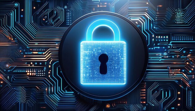 glowing lock symbol on circuit board background represents security and technology. This conveys importance of digital protection and compliance in modern world