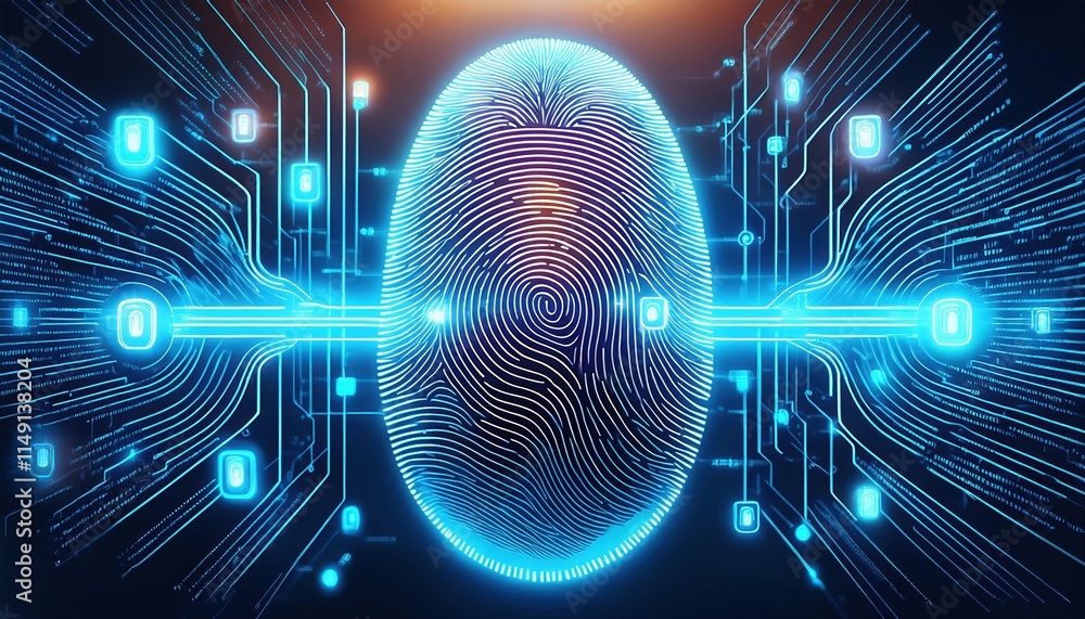 Poster holographic fingerprint with binary code flows into it, surrounded by digital compliance tags, repre