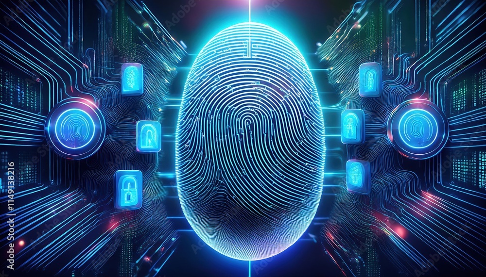 Poster holographic fingerprint surrounded by digital locks and binary code, symbolizing security and techno