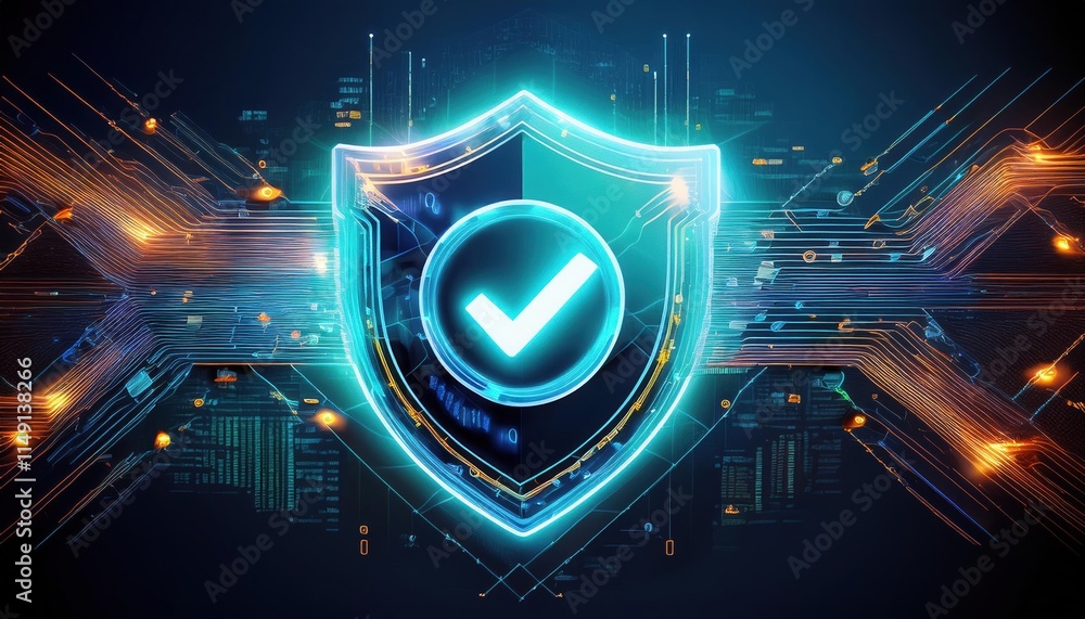Poster glowing shield symbolizing security, surrounded by data streams and compliance elements, represents 