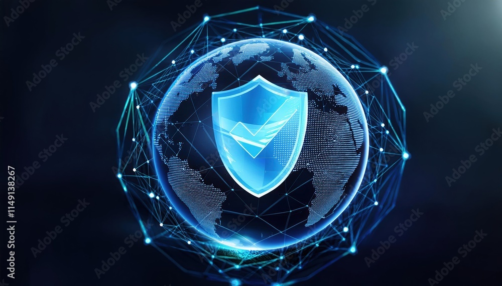 Poster symbolic image of globe encased in glowing digital shield, representing global security and complian