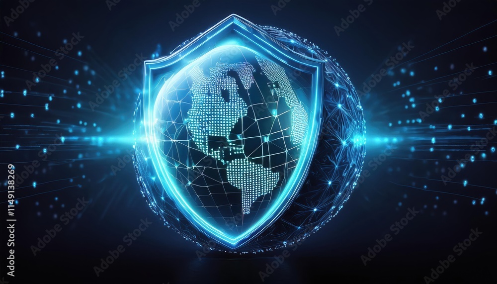 Poster symbolic image of globe encased in glowing digital shield, representing global security and complian