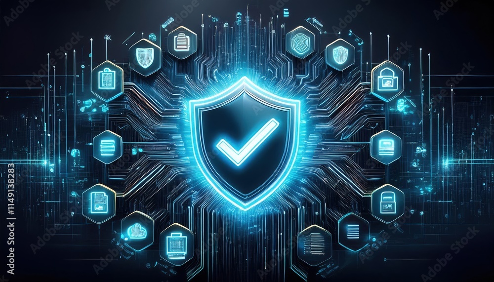 Poster glowing shield symbolizing data protection, surrounded by ai data streams and compliance icons, repr