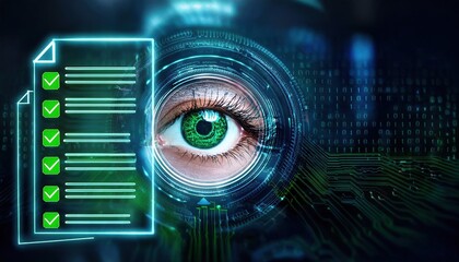 robotic eye scanning holographic compliance document with glowing green checkmarks, symbolizing accuracy and technology in data verification