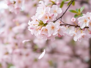 Obraz premium Pink sakura petals gently fall against a soft pastel background, beauty, season