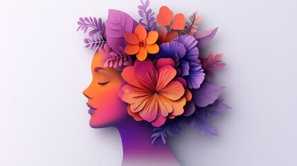 Floral Feminine Elegance: A Vivid Paper Art Portrait of a Woman Adorned with Colorful Flowers