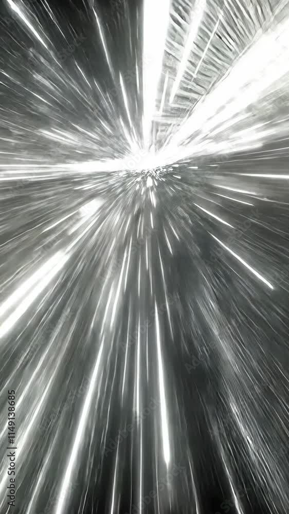 Poster dynamic light rays burst from the center, creating a sense of motion and energy in a black and white