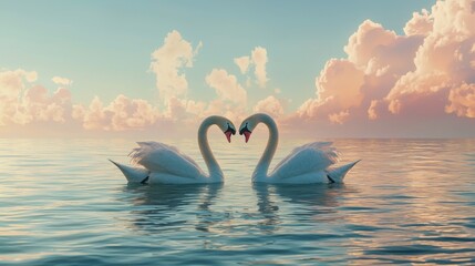 Fototapeta premium Serene Swans Forming a Heart in Tranquil Waters Under Soft Clouds