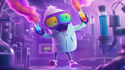 "Colorful cartoon scientist character with glowing test tubes in vibrant lab setting"
