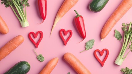 Vibrant Blend of Fresh Vegetables and Heart Shapes on Soft Pink Background