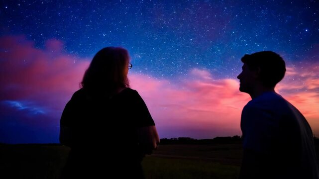 a mother chatting with a man while looking up at the purplish starry night sky. mother's day celebration