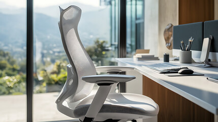 A close-up of an ergonomic office chair and a clean desktop with essential tools for productivity in a stylish workspace 