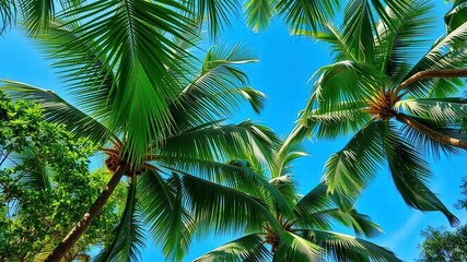 Fototapeta premium Tropical palm leaves in vibrant green hues against a bright blue sky backdrop, tropical island, botanical background, tropical climate