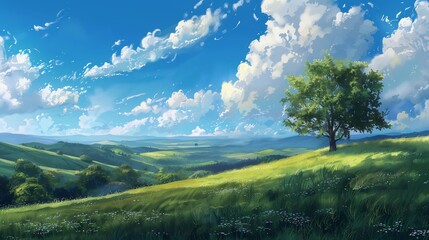 Serene Summer Landscape: A solitary tree on a rolling green hill under a vibrant blue sky
