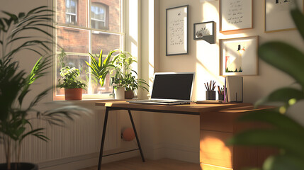 A home office desk setup with a laptop, potted plants, and natural light streaming in through a nearby window, creating a calm work environment 