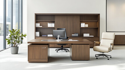 Fototapeta premium A minimalist office design featuring clean lines, neutral colors, and simple furniture creating a calm, organized workspace 