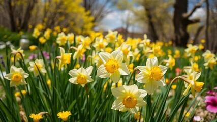 Fototapeta premium Vibrant yellow daffodil flowers blooming in a vast green field under the clear blue sky, flowers, blossoms
