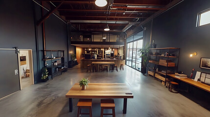 A modern coworking hub with shared desks, creative breakout areas, and professionals networking in a collaborative environment 