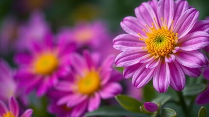 Fototapeta premium Vibrant purple flower petals and lush green leaves create a stunning contrast in nature's beauty, backdrop, flora