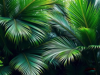 Vibrant tropical palm leaves against a blue sky background, foliage, background
