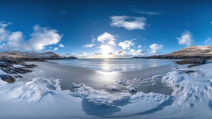 Fototapeta premium Panoramic view of a snowy beach at sunset.