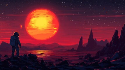 Fototapeta premium A lone astronaut gazes at a vibrant sunset on an alien landscape with distant mountains.