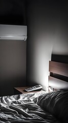 Cozy and Serene Bedroom Featuring a Bed and Air Conditioner, Perfect for Relaxation and Comfort in a Minimalist Setting
