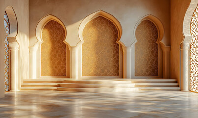 Elegant interior with arched windows and patterned walls, showcasing architectural beauty.