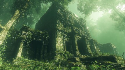 Ancient stone structure overgrown with vegetation in a misty jungle setting.