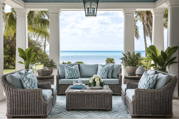 Obraz premium Coastal outdoor living area with rattan furniture, tropical plants, and ocean views. Interior design, 3D render, Home decoration