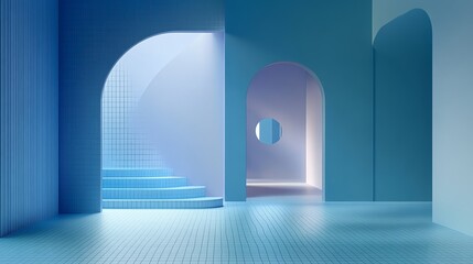 Fototapeta premium A serene, modern interior with blue tones, arches, and a staircase leading to light.