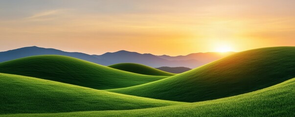 A serene landscape featuring rolling green hills under a golden sunrise, creating a tranquil and picturesque scene.