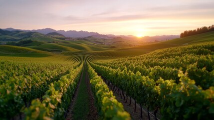 Fototapeta premium A picturesque vineyard landscape at sunset, with rows of lush vines stretching towards rolling hills and a colorful sky.