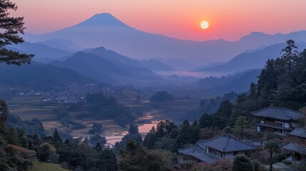 Breathtaking sunrise over a lush paddy field, with soft bokeh effects creating a tranquil atmosphere, showcasing the beauty of farming and nature at dawn.