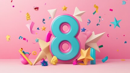 Obraz premium Festive 3D Render of Number Eight with Colorful Confetti and Stars: A Joyful Celebration