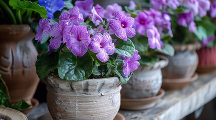 Purple Gloxinia Flowers in Terracotta Pots