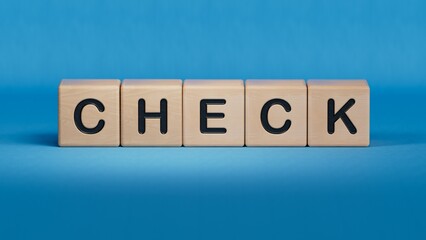 wooden cube block with CHECK business word. Mission, Vision and core values concept.close up of wooden elements,Business Concept.3D rendering on blue background.