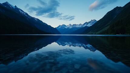 Serene mountain lake reflecting majestic peaks at dawn.