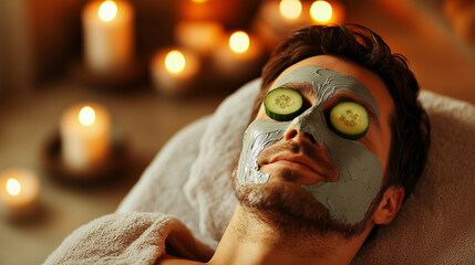 A man is getting a facial with cucumbers on his eyes
