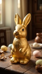 Chocolate golden bunny on a wooden table with pastel colored eggs.Easter, holiday decorations, Easter treats, spring festival, family celebration, chocolate bunny, Easter gifts, festive table settings