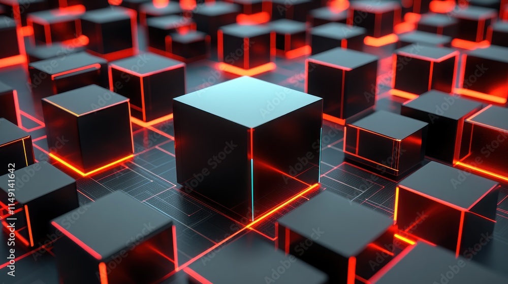 Poster abstract background of glowing black cubes connected by red lines on dark surface.