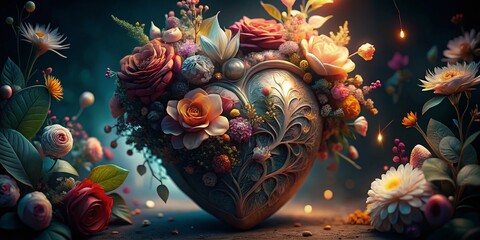 Low Light Anatomical Heart with Delicate Flowers - Medical & Floral Art Stock Photo