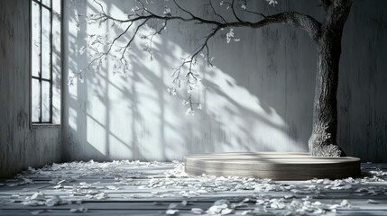 A 3D-rendered wooden podium with soft, flowing leaf shadows, offering a stylish and serene space for displaying products, bringing a fresh, natural touch to promotional visuals.