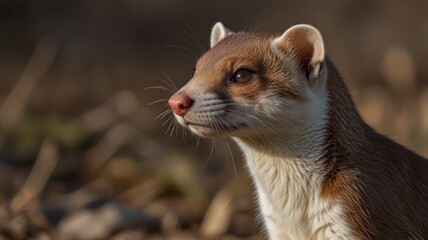 Close-up of a weasel-like animal, head and neck, looking to the side,  with a  brown and white coat.